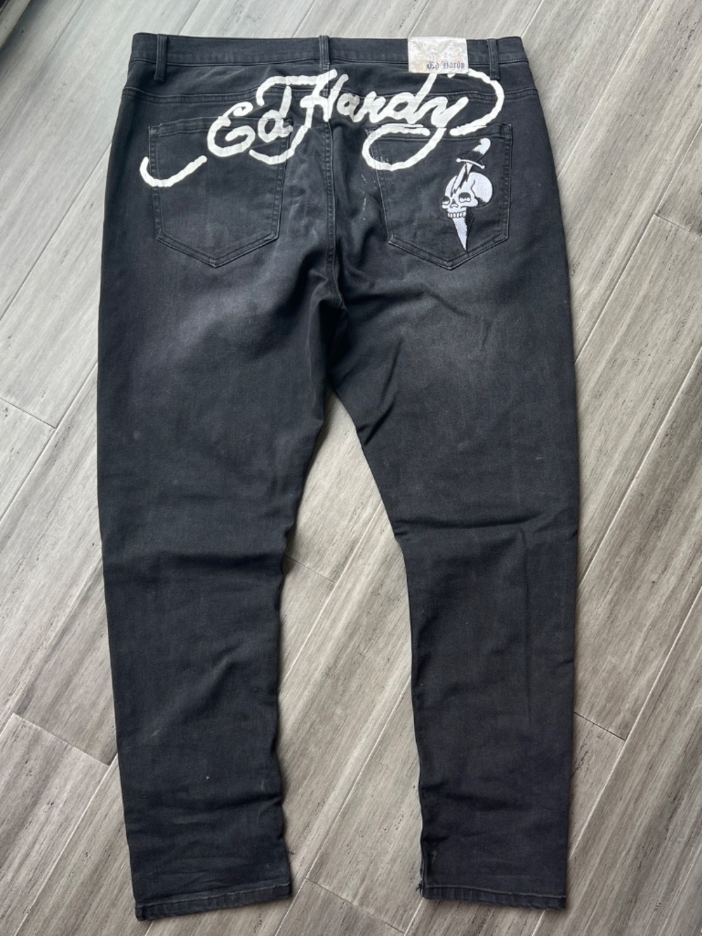 NWT Ed Hardy Dagger Skull Distressed Black Slim Skinny Tapered Stretch Jeans 40